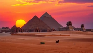 Piraminds glowing under a sunset sky, highlighting their majestic stone structure.
