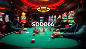Players excitedly enjoying a game at SODO66 casino table, surrounded by vibrant casino elements.