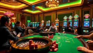 Excited gamblers place their bets at s8 com's luxurious poker table surrounded by vibrant slot machines