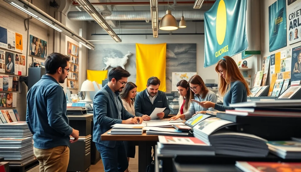 Imprenta en Alicante que muestra un taller de impresión moderno con profesionales colaborando en materiales impresos vibrantes.
