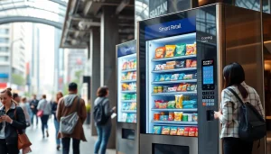 Modern smart retail vending machine by leading vending machine manufacturers, showcasing diverse product options in an urban setting.