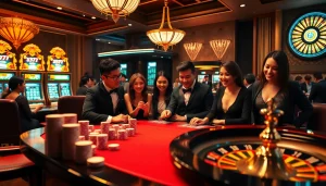 Experience the thrill of winning at thabet77 with vibrant casino tables and spinning roulette wheels.