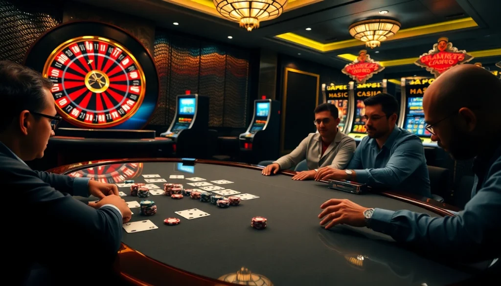 Engaging poker players at a vibrant gaming table showcasing the kjc website's premier gambling experience.