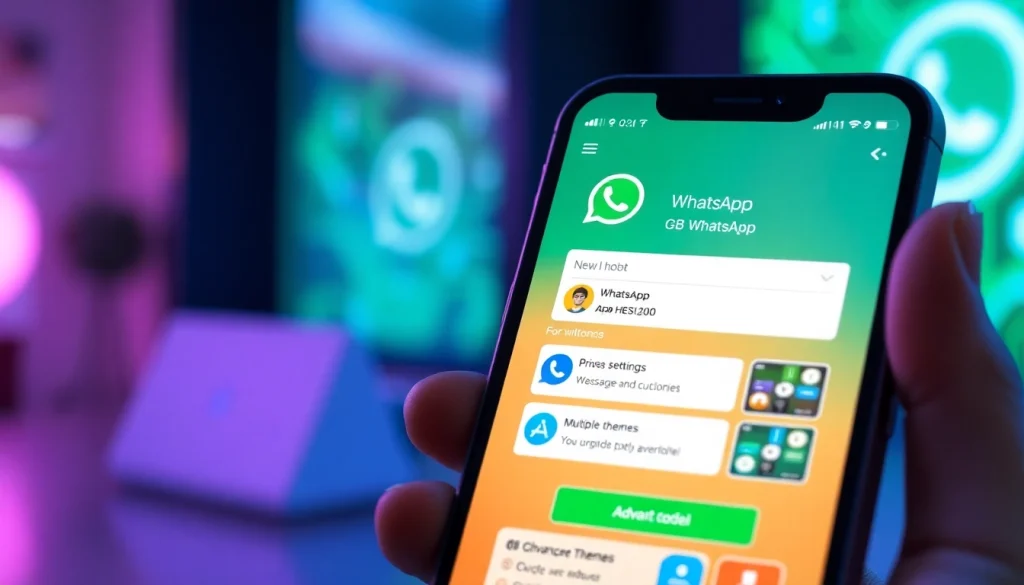 Unlock advanced messaging features with the GB WhatsApp app on a smartphone in a vibrant tech setting.