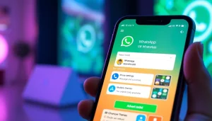 Unlock advanced messaging features with the GB WhatsApp app on a smartphone in a vibrant tech setting.