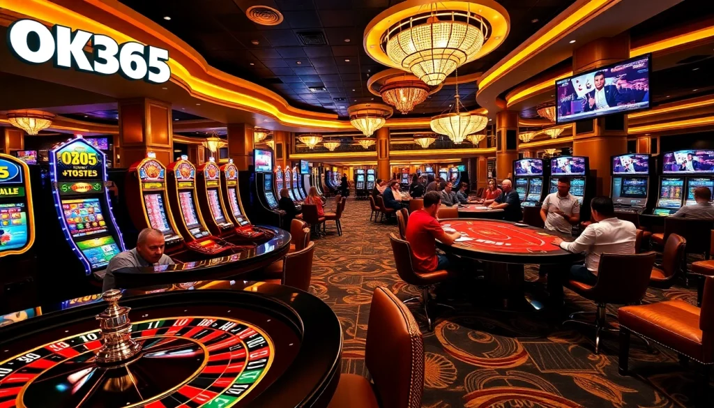 Engaging with OK365 at a lively casino featuring roulette, poker, and vibrant slot machines.
