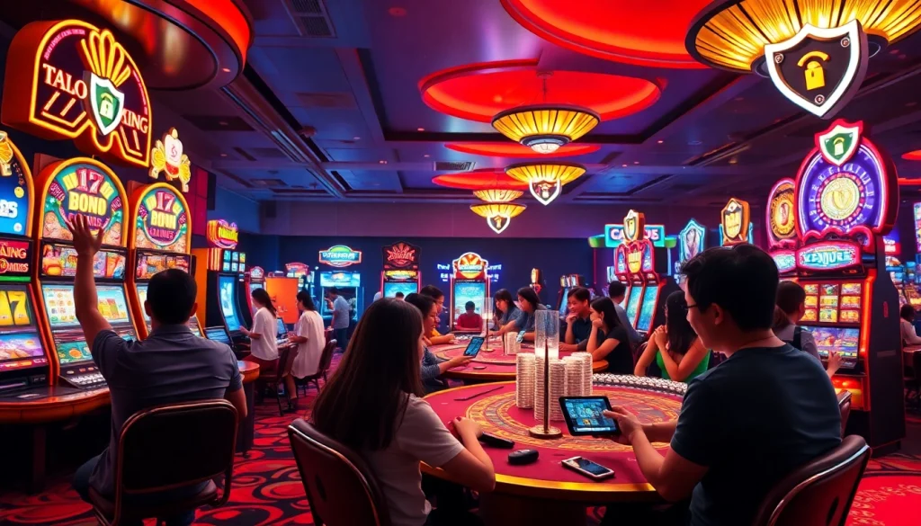 A188 online casino scene with diverse players enjoying slots and live dealer games, showcasing a vibrant and secure gaming environment.
