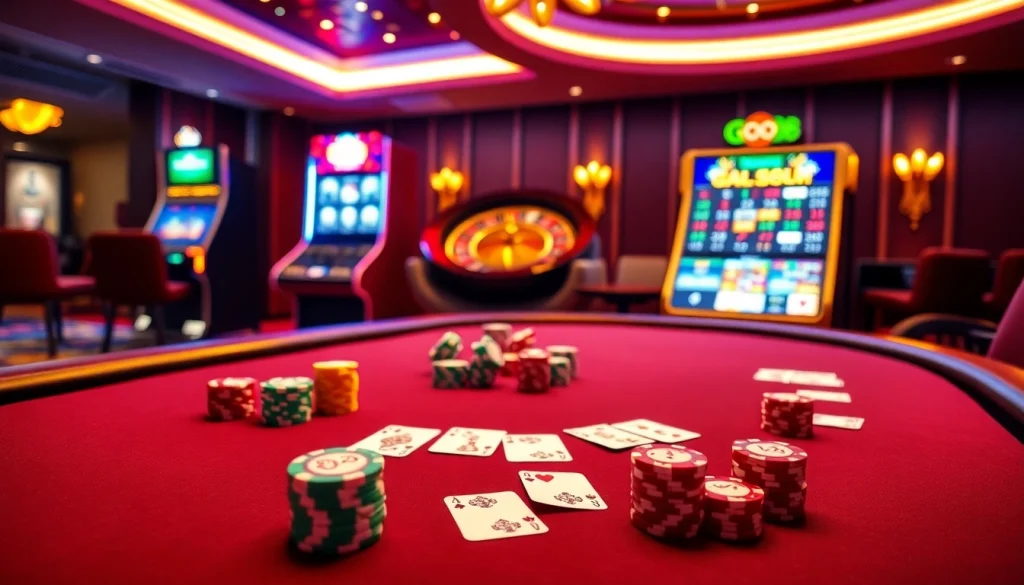 Experience the excitement of GO88 with vibrant poker and roulette games in a luxurious casino setting.