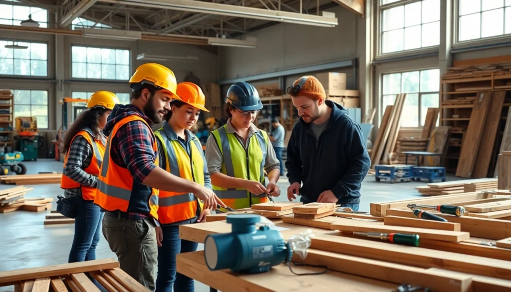 Attend construction classes with diverse students in a bright workshop, mastering skills and techniques.