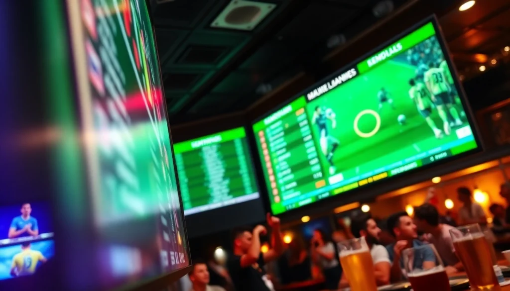 Dynamic scoreboard showcasing ตารางพรีเมียร์ลีก in a lively sports bar filled with cheering fans.
