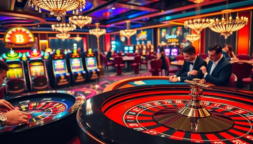 Experience luxury gaming at https://33bd.io/ with a vibrant casino scene highlighting roulette and poker.
