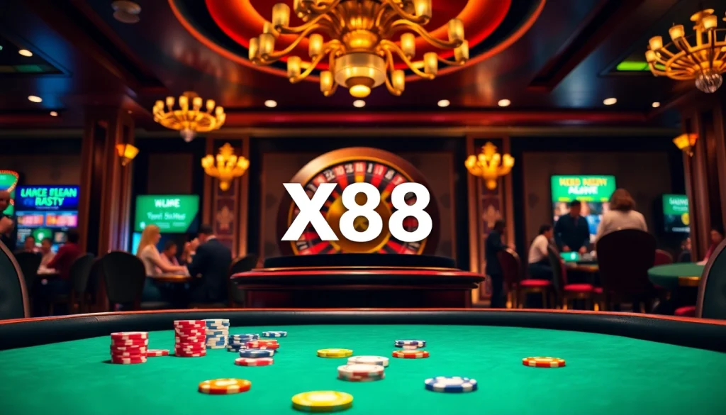 Experience the thrill of X88 online gambling with vibrant casino elements in a luxurious setting.