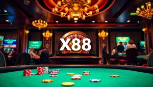 Experience the thrill of X88 online gambling with vibrant casino elements in a luxurious setting.