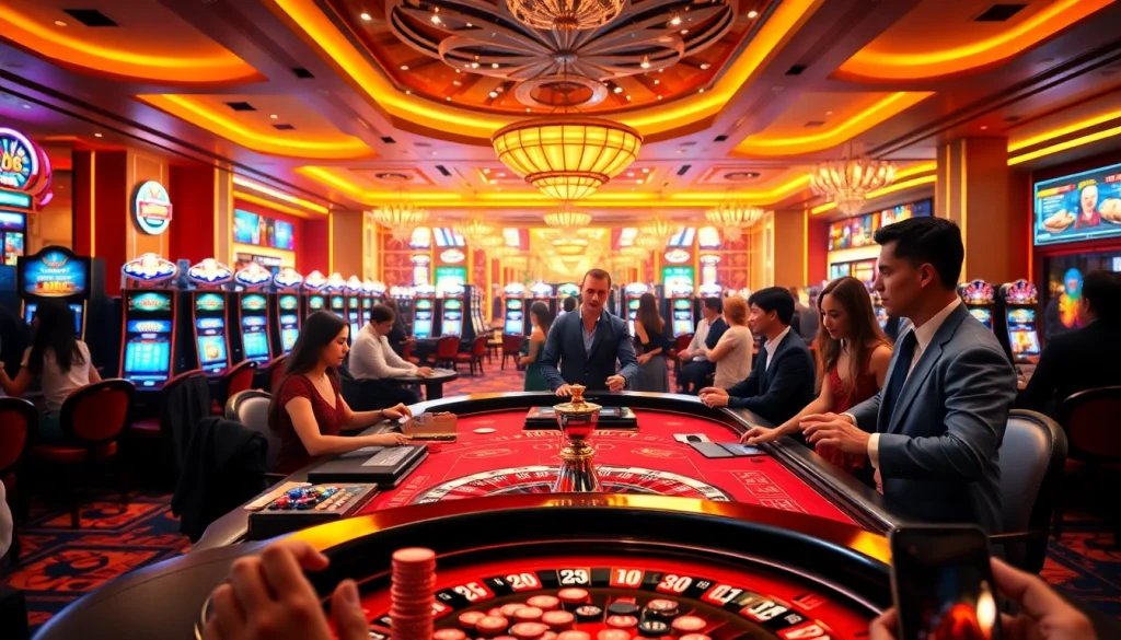 TK88 players enjoying high-stakes action at a luxurious casino table amidst vibrant gaming atmosphere.