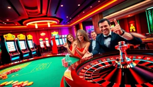 Engaged players celebrating their wins at 7C77 casinos while playing poker with vibrant chips.