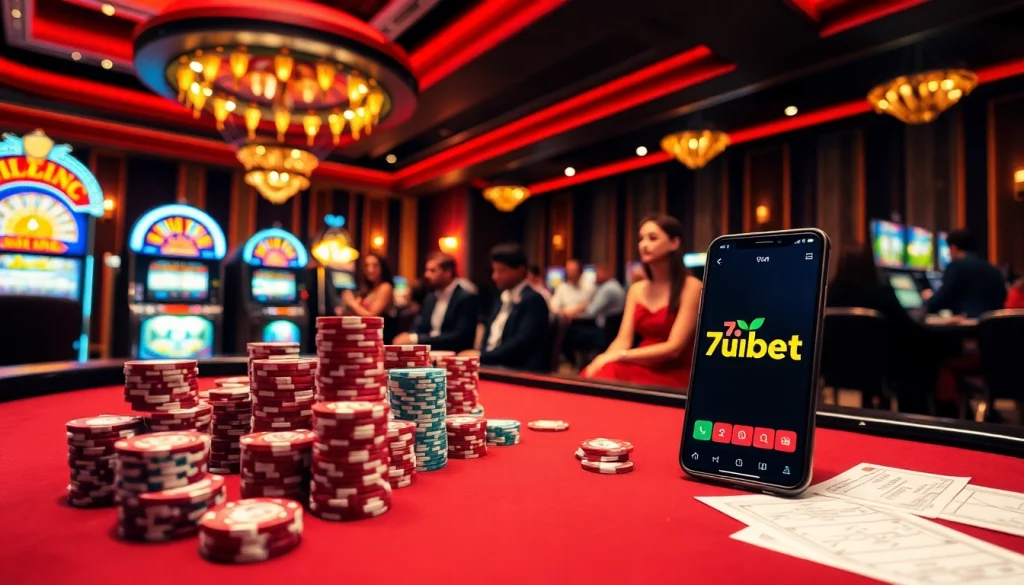 Experience the thrill of 7upbet with players at a luxurious casino table filled with poker chips and a spinning roulette wheel.