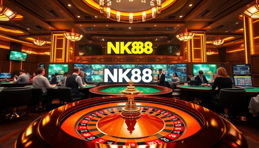 Betting excitement at https://nk88s.com/ featuring roulette, poker chips, and professional dealers.