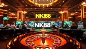 Betting excitement at https://nk88s.com/ featuring roulette, poker chips, and professional dealers.