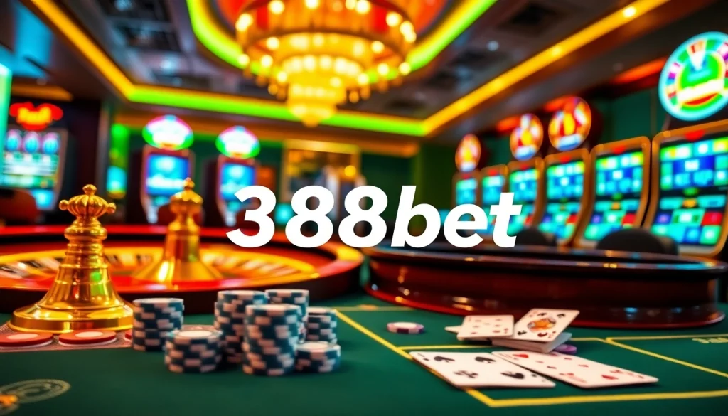 Exciting 388bet online interface with casino tables and vibrant gambling elements.