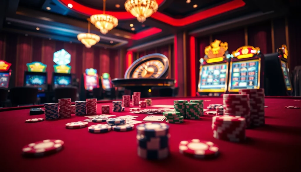 A dynamic gaming table featuring poker chips and cards at https://fly88.services/, showcasing excitement in luxury gambling.