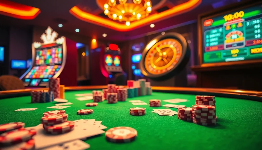 Experience the thrill of Gopay88 Daftar at an elegant casino featuring poker chips and vibrant slot machines.