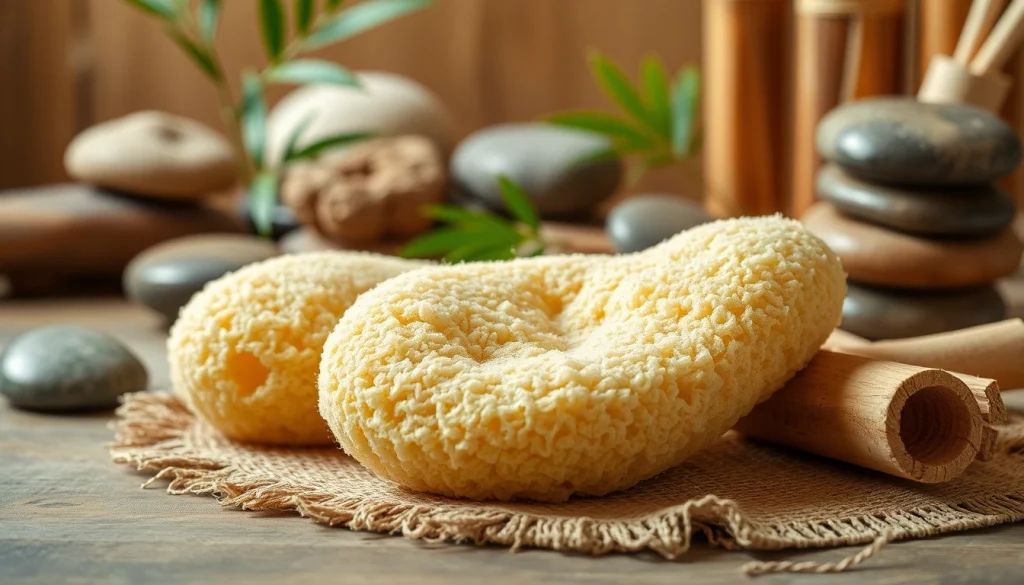 Texture-rich raw loofah sponge showcased in a serene spa environment.