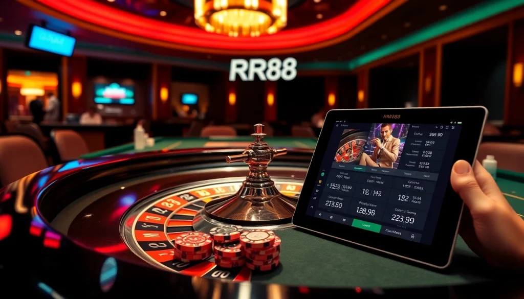 RR88 players engaging at a glamorous casino table with vibrant colors and sleek betting options.