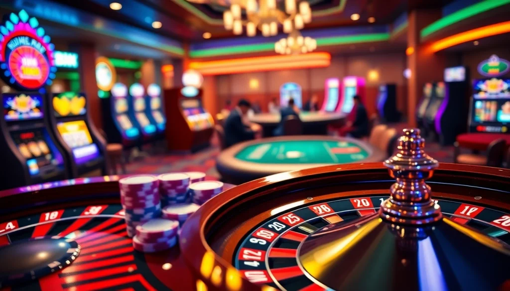 RR88 casino scene showcasing a vibrant roulette wheel and poker chips, highlighting the gambling excitement.
