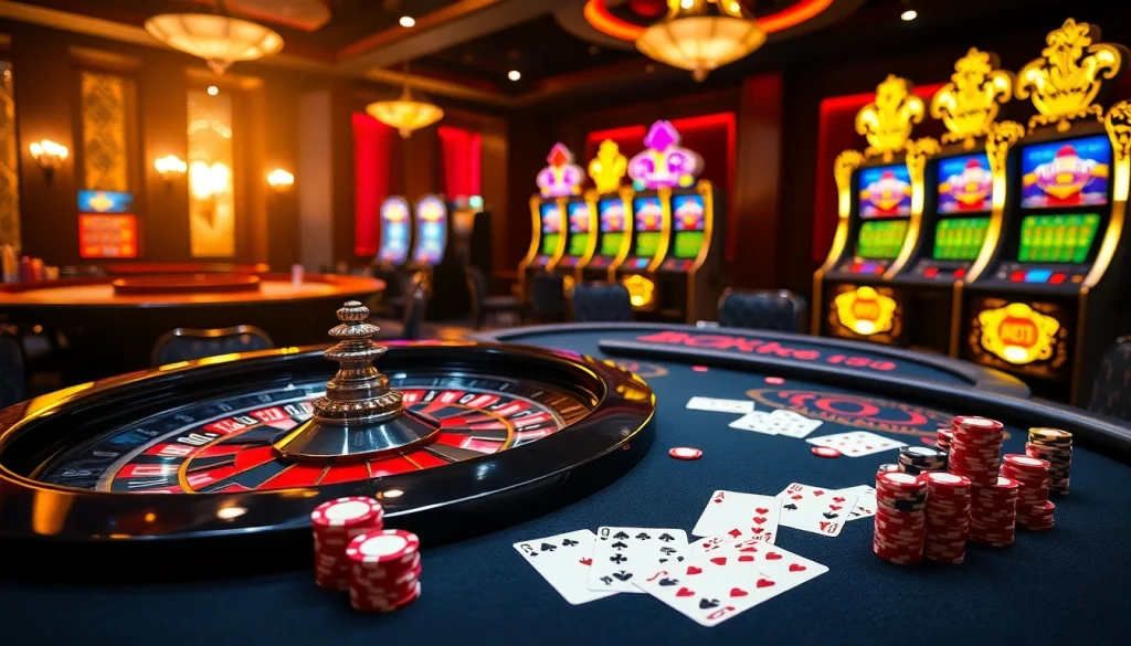 Engaging casino scene with BDTK66 poker chips and roulette wheel, showcasing high-stakes action.