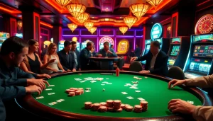 Players engaging in an exciting k9k9 game at a high-stakes casino table with chips and cards.