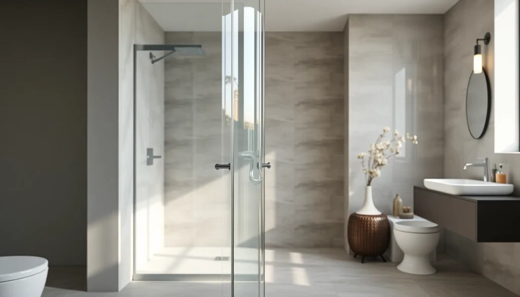 Elegant display of shower doors uk in a modern bathroom setting with sleek glass details.