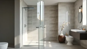 Elegant display of shower doors uk in a modern bathroom setting with sleek glass details.