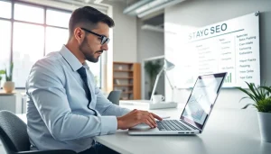 SEO Agentur analysiert Daten in einem modernen Büro mit Grafiken und Charts.