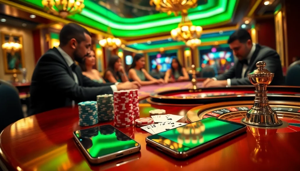 Players engaging with S8 devices amidst a luxury casino ambiance with poker chips and cards.