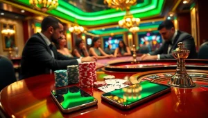 Players engaging with S8 devices amidst a luxury casino ambiance with poker chips and cards.