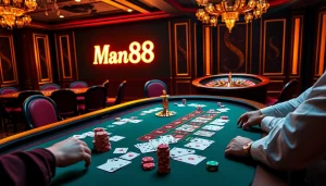 Experience the thrill of gambling at Man88 with vibrant poker chips and playing cards on a luxurious casino table.
