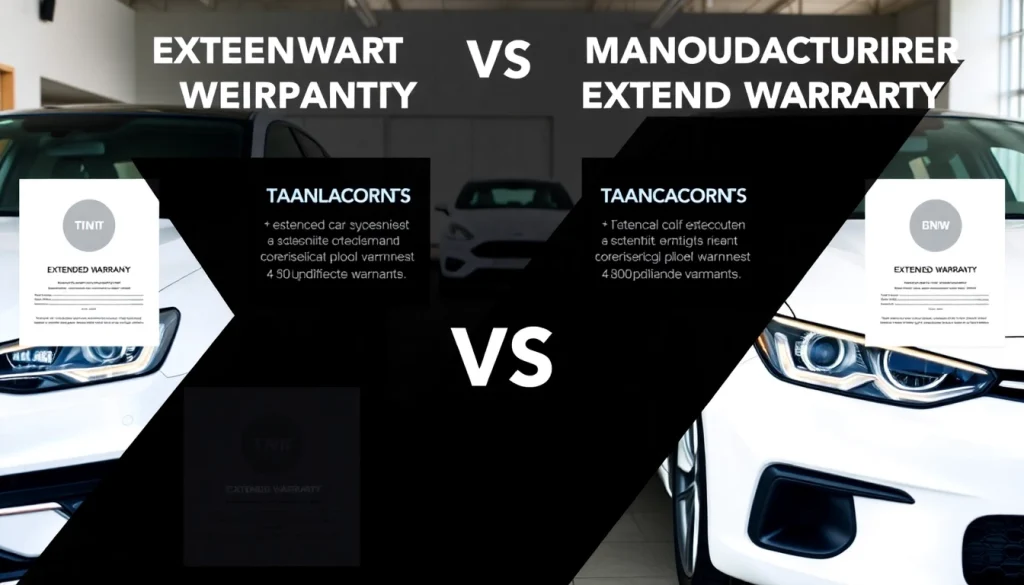 Compare extended car warranty vs manufacturer extended warranty in a professional dealership setting with two cars.