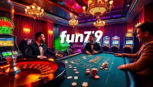 Players at a poker table in a luxurious casino setting with fun79 branding visible.