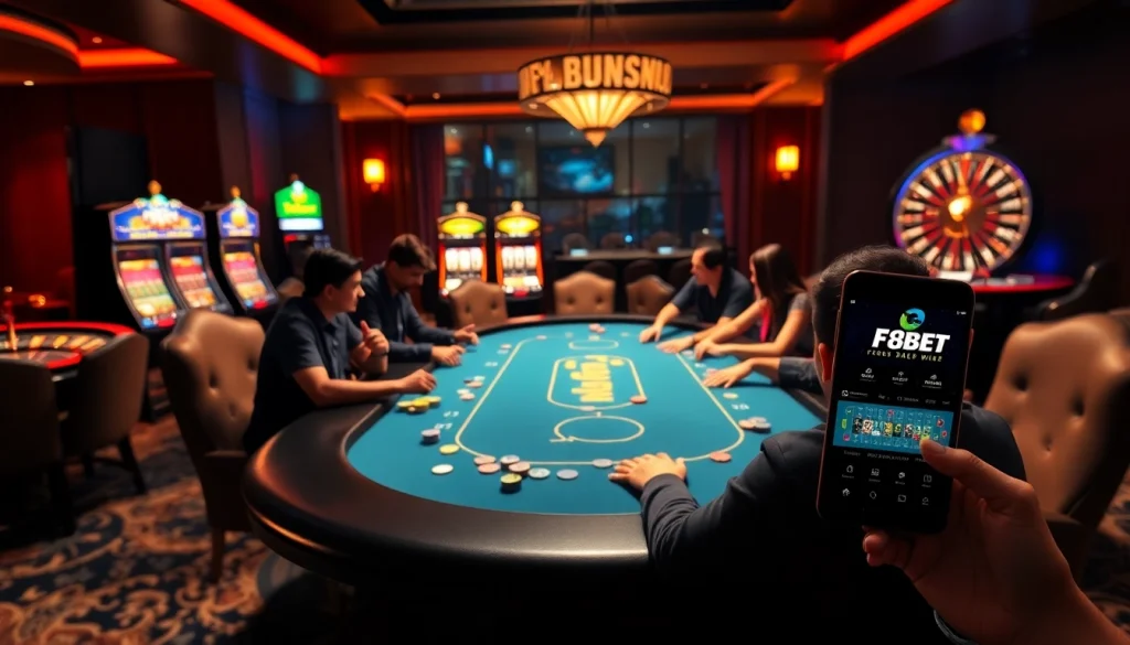 Players enjoying poker at F8BET with vibrant chips and a roulette wheel in the background.