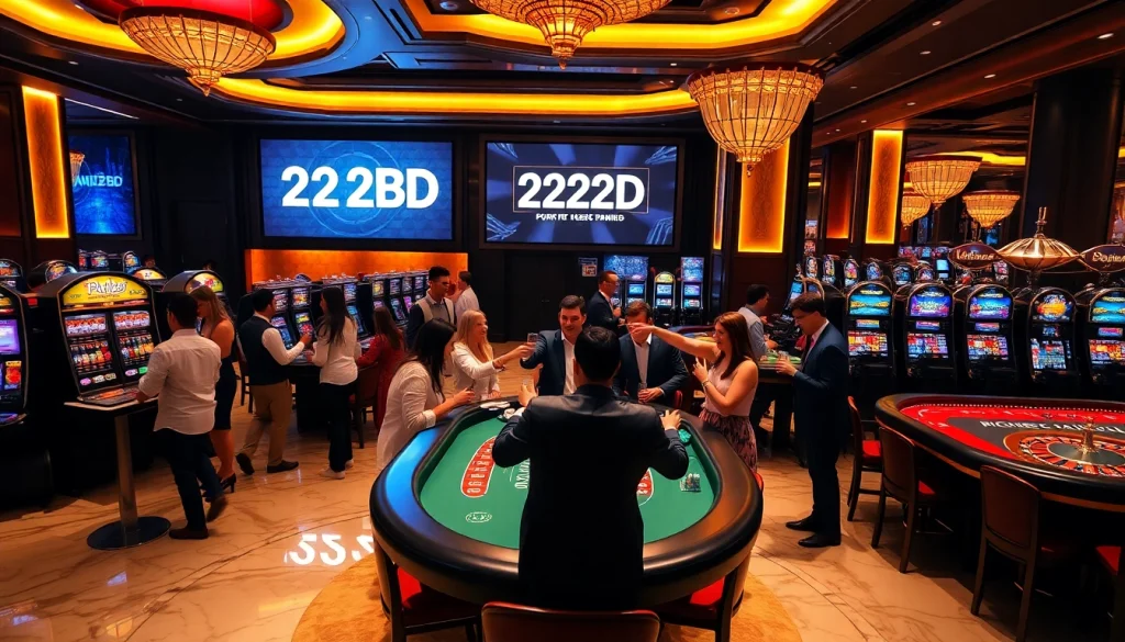 Exciting casino scene showcasing vibrant gameplay at 222BD with players at roulette and slot machines.