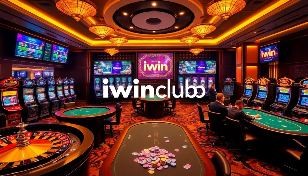 Experience the thrilling atmosphere of iwinclub with luxurious gambling elements like poker tables and roulette wheels.