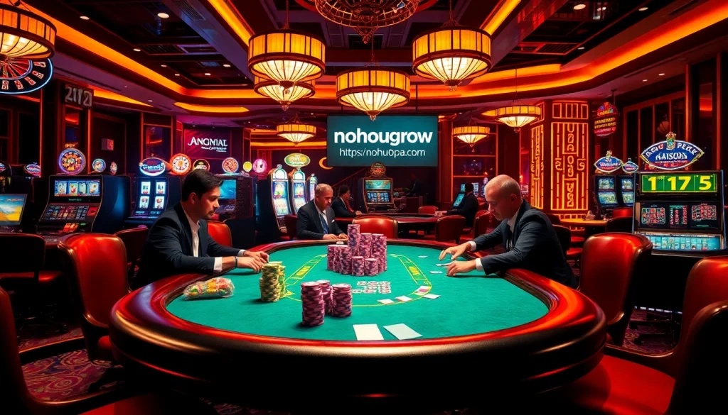 Intense poker game at a luxurious casino showcasing https://nohu90pa.com with vibrant chips and professional players.