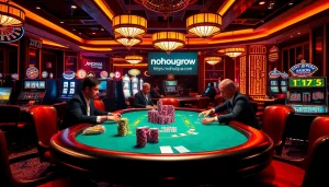 Intense poker game at a luxurious casino showcasing https://nohu90pa.com with vibrant chips and professional players.