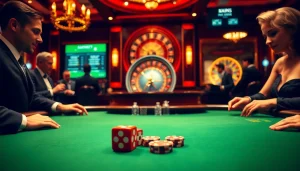 Experience the excitement of casino gaming at https://hbbet4.art/ with engaging blackjack and roulette scenes, under luxurious lighting.