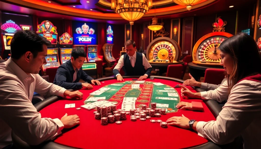 Thrilling poker scene at 56WIN casino with vibrant lights, high-stakes gameplay, and colorful chips.