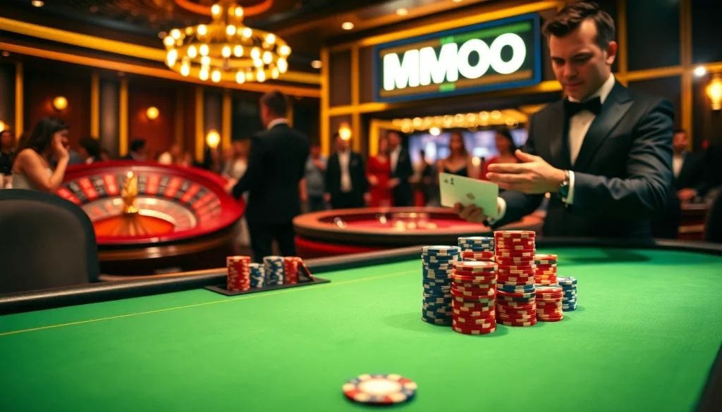 Players enjoy a thrilling game of poker at a luxurious casino, featuring MMOO chips.
