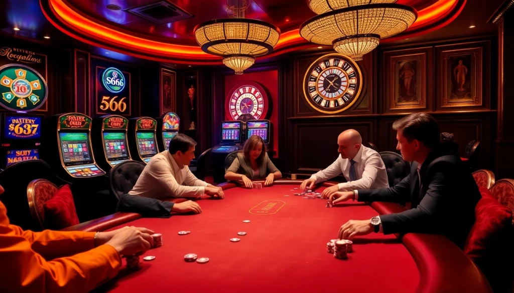Play exciting games at s666 casino, featuring elegant tables and vibrant slot machines.