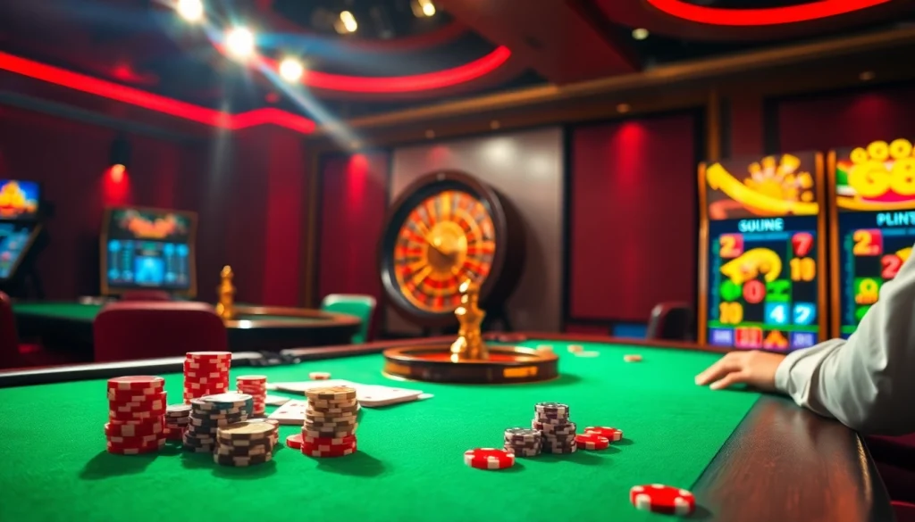 Exciting casino scene with go88 branding, vibrant tables, cards, and roulette wheel.