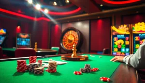 Exciting casino scene with go88 branding, vibrant tables, cards, and roulette wheel.