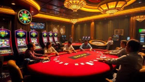 Exciting casino atmosphere at nhà cái vmax with poker table, slot machines, and vibrant lights.